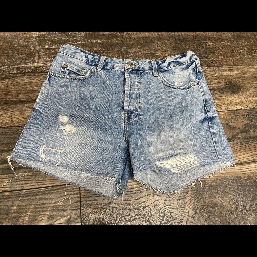 Topshop Moto Ashley Womens Denim Blue Distressed Raw Hem Shorts Size US 8